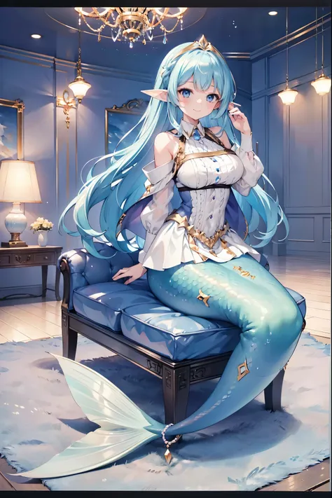 masterpiece, best quality,A girl,Blue Hair,White Dress,blue eyes, Elf ears,独奏,Large Breasts,Mermaid,蓝色的Mermaid尾巴,full-body shot,charming face(Kawaii, charming,Soft),Sitting on the sofa,Looking at the audience,Smile