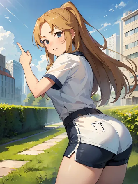 ((masterpiece) (((((Highest quality))))((high resolution))))), Very detailed, Ultra-realistic, 、Blonde)、、、City、building、、(、Embarrassed face、、Ass shorts、Face looking back、From below、Low - Angle、Track and field uniform、garden