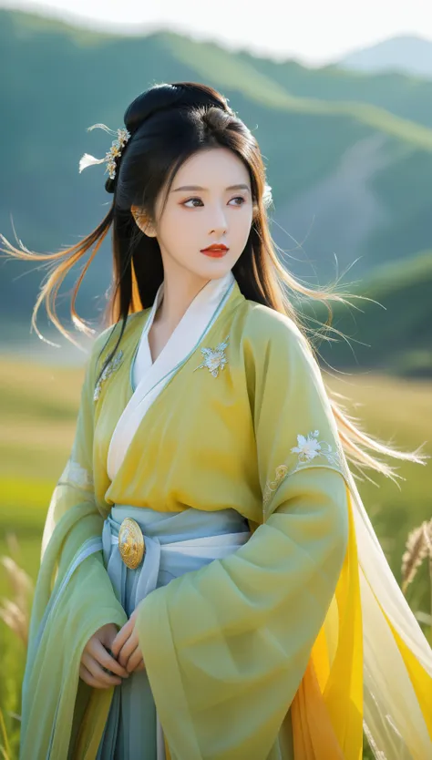 best quality,HD portrait photography, Looking at the audience,Female image wearing traditional Hanfu, summer,ruins,((Messy hair)),(grassland),(Yellow eyes),Ridiculous,(blond),Flowing hair,A large number of environments,middle Ages ,grace,prospect,Water Eye...