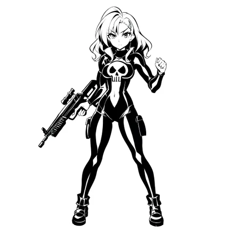 anime artwork of a young sexy punisher woman in a black punisher shirt holding one gun anime manga girl style, entire body in sh...