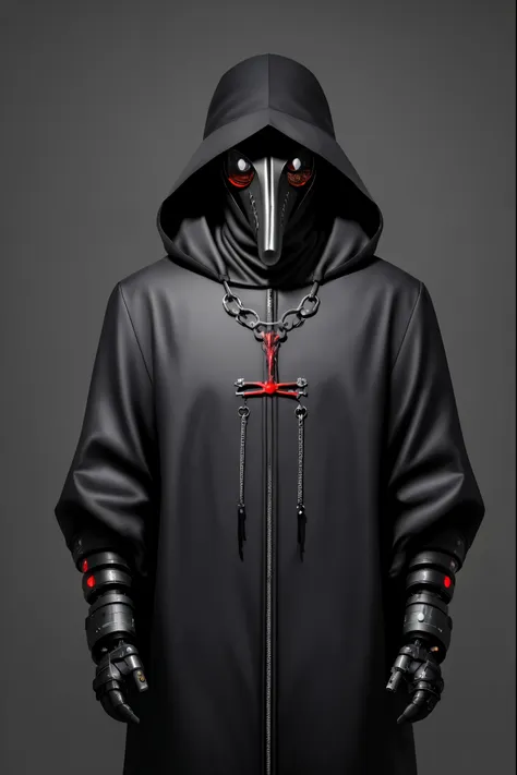 a cyborg plague doctor with a raven-themed design, in devilcore art style