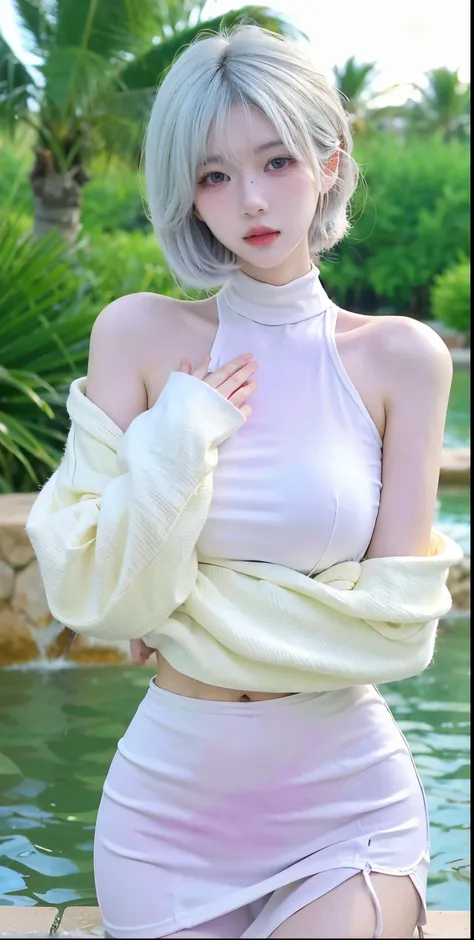 Beautiful woman with perfect figure:1.4，Swimming background，Desert Background，Ultra-high resolution，Seductive laughter，wear glasses，White legs，（lifelike：1.4），Layered Hairstyle，White skin，Black mini pleated skirt，whole body，Very delicate face and skin textu...