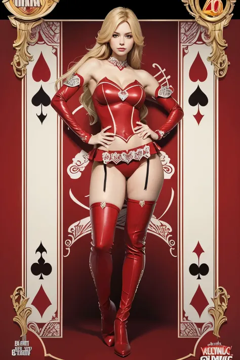 Full body illustration of a blonde woman in standing. Looking front. straight ahead. The outfit is inspired by the Queen of hearts from deck of cards. Marvelous, marvel comic book characters. Inspired by queen of hearts from deck of cards. She is standing ...