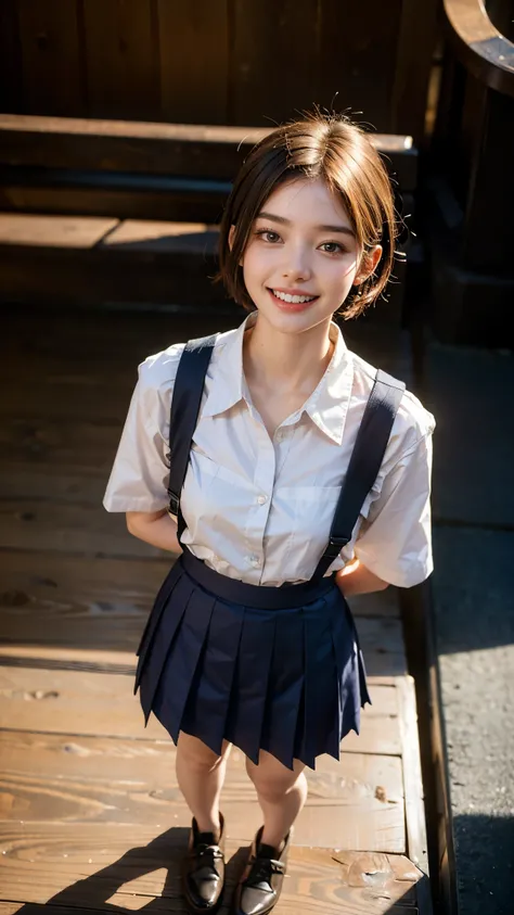 Highest quality, masterpiece, Ultra-high resolution,8K, (Realistic:1.6), (Full body front portrait) RAW Photos, 1 Girl,(Full of smiles, Showing teeth)), 22 years old,((Standing with good posture)), school uniform)),((Very short hair)),((Looking up at the a...