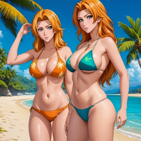 Rankiku Matsumoto women, with orange blonde hair gray eyes, big breasts,  green bikini posing for a photo, background a tropical beach.