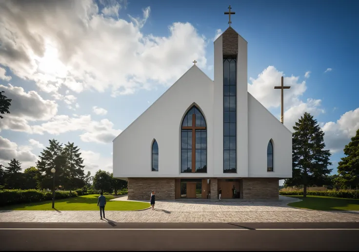 raw photo, best quality, ultra realistic, masterpiece, best quality skin, photography hd, dslr, tcs, httlvn, modern church, road, people, house, facade design, outdoors, church,