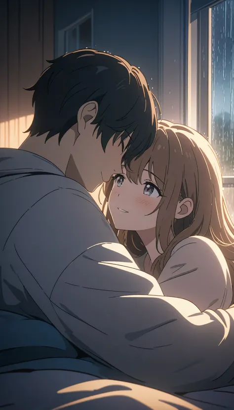 A couple embracing in bed, rain visible through a window, detailed anime style characters, happy scene, rainy window, 8k, masterpiece, dramatic lighting, romantic, intimate, emotional, soft lighting, warm tones, cozy, gentle, tender