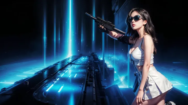 8k, Realistic Skin Texture, Realistic Photo, Neo Tokyo, slim women, large-breast:1.3 cleavage:1.2, AD2050 at night, Dirty hunting jacket, Wearing tube top, miniskirt, (((black sunglasses, automatic rifle, sneakers, cold, shooting pose, very low angle view)...