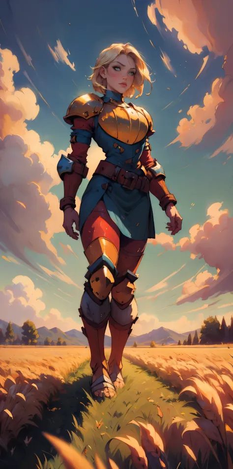 stunning painting of a knight with blonde hair, wheat field, epic clouds ((painterly)) ((impressionist)) vibrant, soft edges (((warm glow))) full body whole body view from below 1sologirl, feet together