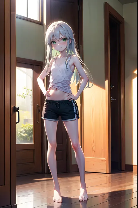 index, index, (Green Eyes:1.5), Silver Hair, Long Hair, (Flat Chest:1.2),smile,Angry,Sweat,Transparent white,Tank top,Belly button,Shorts,barefoot,barefoot,Place your hands on your hips,Standing with your legs apart,
break looking at viewer, whole body,
br...