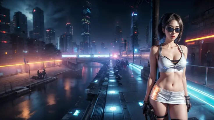 8k, Realistic Skin Texture, Realistic Photo, Neo Tokyo, slim women, large-breast:1.3 cleavage:1.2, AD2050 at night, Dirty hunting jacket, Wearing tube top, miniskirt, (((black sunglasses, automatic rifle, sneakers, cold, shooting pose, very low angle view)...