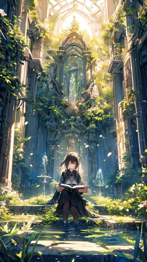 a teen girl sitting under tree reading spellbook , maze , staff floating in art  , beautiful magic of green shades , highly detailed , uhd , masterpiece 