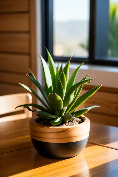 Succulents in a black round pot（Zebra Haworthia）
Soft natural light from the window on wooden table background. Shallow depth of field（Focus on plants、The background is blurred）
Warm colors, minimalist interior design, photo taken from a distance
