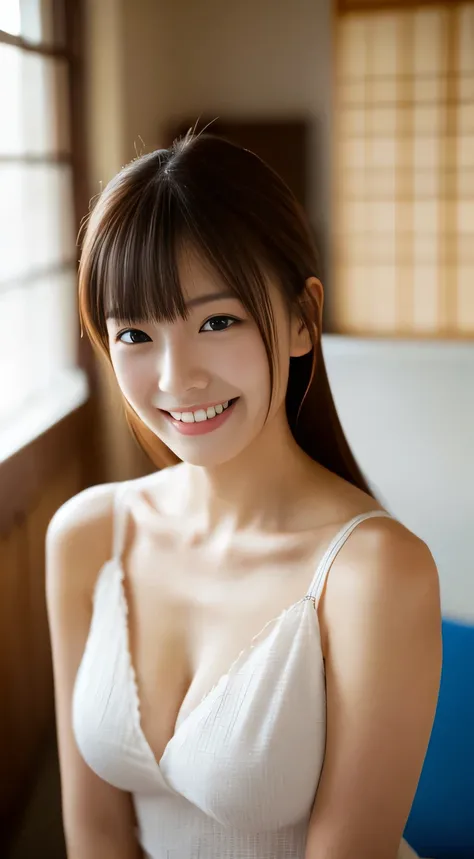 masterpiece,best quality,(Japanese ),((Beautiful girl)),cleavage,indoor,(perfect body beauty:1.2),(shy smile),beautiful teeth,(From slightly above),