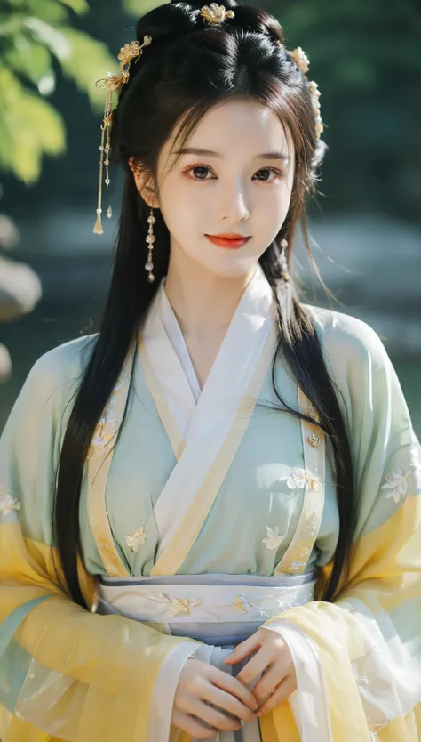girlvn01, 1girl, hanfu, smile, Stunningly Beautiful girl, Haute_Couture, designer dress, wearing Haute_Couture, posing for a picture, fashion show, long shaped face, dark red eyes, sandy blonde side-wet hair, long hair, long ringlets, catwalk aesthetic, de...