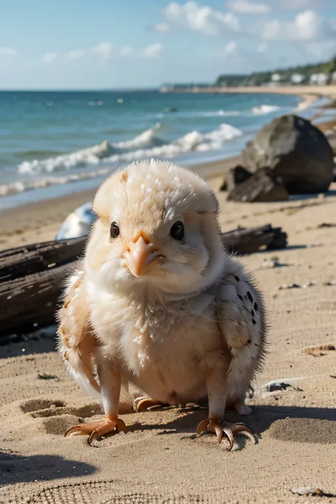 Great image quality, masterpiece, best image quality, super detailed, ultra detailed, UHD, HDR, DOF, depth of field, fictional very cute creature living on a beach near the mouth of an estuary that is a cross between a chick and a crab, has the fluffy body...