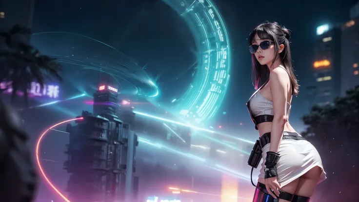 8k, Realistic Skin Texture, Realistic Photo, Neo Tokyo, slim women, large-breast:1.4 cleavage:1.3, AD2050 at night, Dirty hunting jacket, Wearing tube top, miniskirt, (((black sunglasses, automatic rifle, sneakers, cold, shooting pose, very low angle view)...