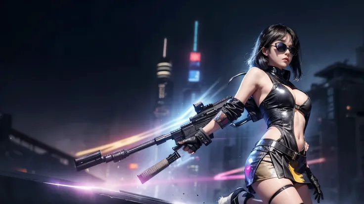 8k, Realistic Skin Texture, Realistic Photo, Neo Tokyo, slim women, large-breast:1.4 cleavage:1.3, AD2050 at night, Dirty hunting jacket, Wearing tube top, miniskirt, (((black sunglasses, automatic rifle, sneakers, cold, shooting pose, very low angle view)...