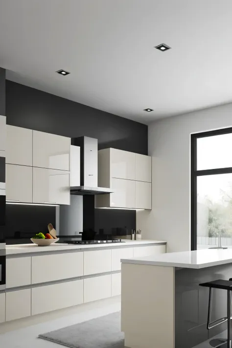 Professional 3d architecture rendering design of modern and minimal kitchen with  light mink gray  color and thunder gray   color and light cream color  and black color 