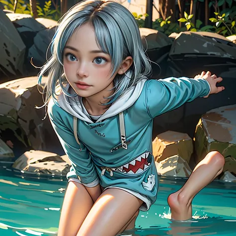 ((gawr gura, gura hoodie ,blue hoodie, shark hood))、(Light blue eyes＿Light blue mesh on gray hair:1.9＿Beautiful girl jumping into the sea)、Big splash、Mischievous look、Dramatic Sunset、Detailed face and eyes、Flowing Hair、beautifully detailed costumes、calm oc...