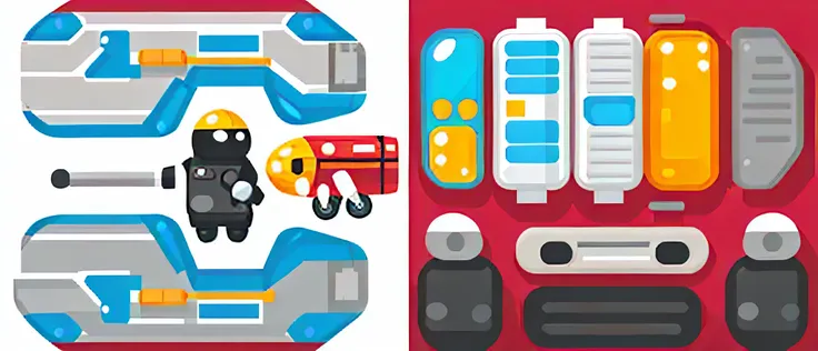  handbook，Vector，Cartoon picture without stairs，Space suit man cartoon，Space car cartoon, Heavy Line Drawing, Fusion Mecha Parts, highly detailed panel cuts,Line segmentation into Different colored tiles，Different colored tiles，Color blocks，Bright colors，V...