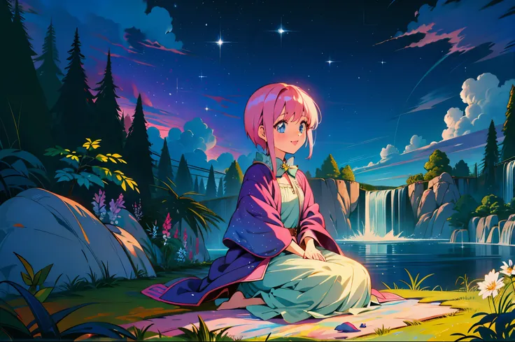 Scenery, light blue sky, 1girl, ichika sitting in the waterfalls, cloud, sitting on rocks in the middle of the waterfall, magical photography, ultra-detailed, 4k, Depth of field, High-resolution, outdoors, starry night sky, starts made of iridescent tears,...
