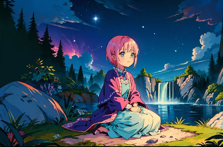 scenery, light blue sky, 1girl, ichika sitting in the waterfalls, cloud, sitting on rocks in the middle of the waterfall, magica...