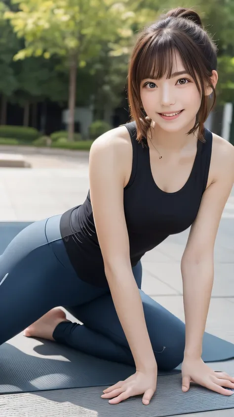 Close-up shot , Best image quality (8K, High resolution, masterpiece: 1.2), Very detailed,  215 Short Hair, 16-year-old female, 

situation: Yoga sessions in the park or at a studio。
clothing: Tight-fitting yoga pants and a tank top。Barefoot or yoga socks。...