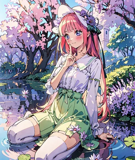Nino nakano, dressed as sweetie belle from my little pony, solo, 1 girl, in a mythical garden: 2.0, (pink hair, coil curls: 2.5, dark blue heavenly eyes: 1.5, wearing a green and white dress, happy: 1.5, soft smile, her surroundings are ethereal, ((ultra r...