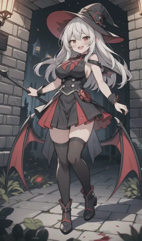 8 k,  1 girl, one, adult, sexy vampire, white long hair, blood red eyes, showing fangs, bat wings, smile, (blush), (shy), lookin...