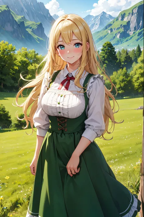 (High quality, High resolution, Fine details), standing in a lush green meadow with mountains in the background, sunlight streaming through the scene, traditional dirndl dress, solo, curvy adult women, long blonde hair, sparkling eyes, (Detailed eyes:1.2),...