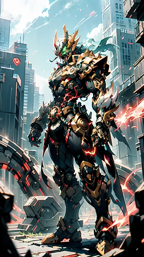 (masterpiece:1.5, best quality:1.5, extremely delicate:1.5, perspective:1.5, foreshortening:1.5, dynamic angle:1.5), a man wearing a full-face helmet, a fantasy-style biotech armored combat suit, green eyes, (a composite layered chest armor), fully enclose...