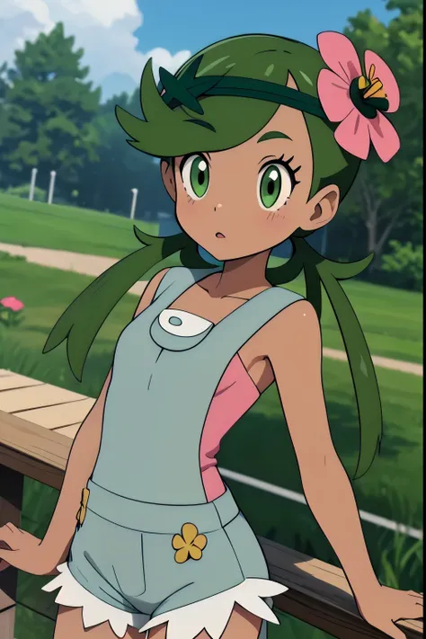 (masterpiece, best quality), 1 woman,  pkmnmallow, 1 woman, alone, green eyes, green hair, long hair, low twintails, sweeping ba...