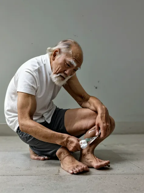 an old man searching for a contact lens that fell on the floor、from the side
脚を開く