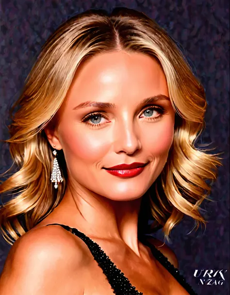 Generate a portrait of Cameron Diaz exuding timeless elegance and vintage glamour. Envision her in a classic Hollywood setting with soft, flattering lighting. Emphasize her features with a touch of sophistication, perhaps inspired by the golden age of Holl...