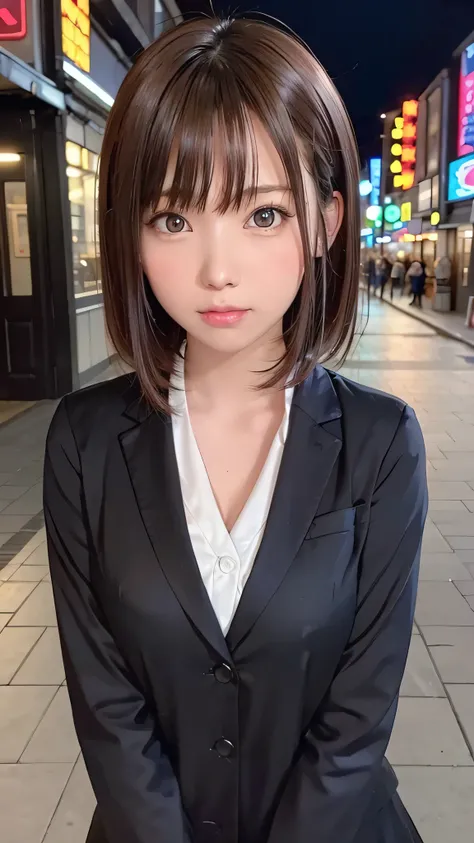 Beautiful woman,View your viewers, , dark, Backstreets, Neon Signs, High Contrast, Low light, Vibrant, Very detailed, Brown Hair Color, Glowing Eyes、 With a face like an elementary school student、Slime-ified、Flat Body、accelerated background blur、Enako、Enak...