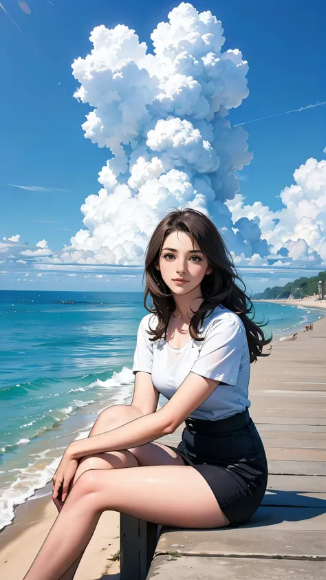 ((最high quality, 8K, masterpiece: 1.3, Ultra HD, high quality, 最high quality, High resolution, realism)) 、Beautiful 18-year-old stateless woman、The hair is brown、Iridium Hair、 hair is wavy、smile、I want to keep my head out of the screen.、sit on a high break...