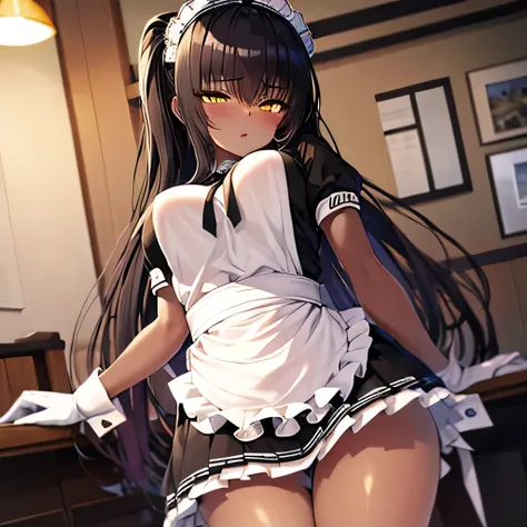 (masterpiece, best quality:1.2), 1girl, solo,very dark skin,tanned skin,maid,coffee shop, medium busty breasts and nipples,sexy maid outfit, chubby girl, moaning, horny 