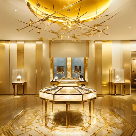 arafed view of a jewelry store with a large display of jewels, gold and luxury materials, tiffany, chaumet, gold and steel intricate, stephan, exquisite fine details, bulgari, very elegant & complex, boucheron, van cleef & arpels, shades of gold display na...