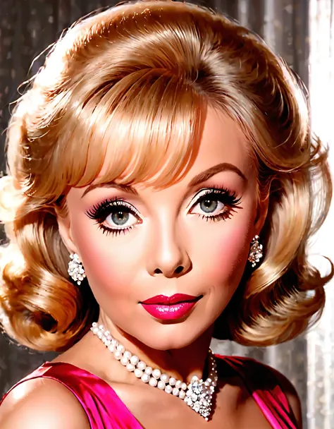 Generate a portrait of Barbara Eden exuding timeless elegance and vintage glamour. Envision her in a classic Hollywood setting with soft, flattering lighting. Emphasize her features with a touch of sophistication, perhaps inspired by the golden age of Holl...