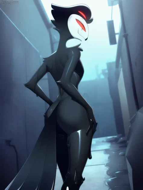 fox0808 (style), ((masterpiece)), ((8k quality)), (no watermark), stolas, male, looking at viewer, one hand on hip, detailed alley, (solo:1.4), sleek, shiny black slime body, black body, goo, gooey, tail feathers, butt, ass,