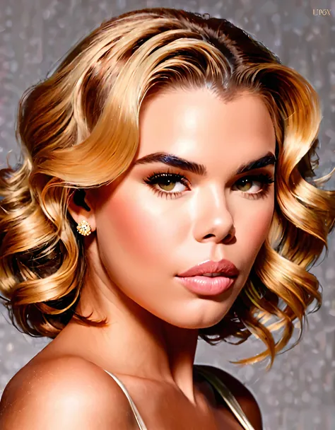 Generate a portrait of Billie Piper exuding timeless elegance and vintage glamour. Envision her in a classic Hollywood setting with soft, flattering lighting. Emphasize her features with a touch of sophistication, perhaps inspired by the golden age of Holl...