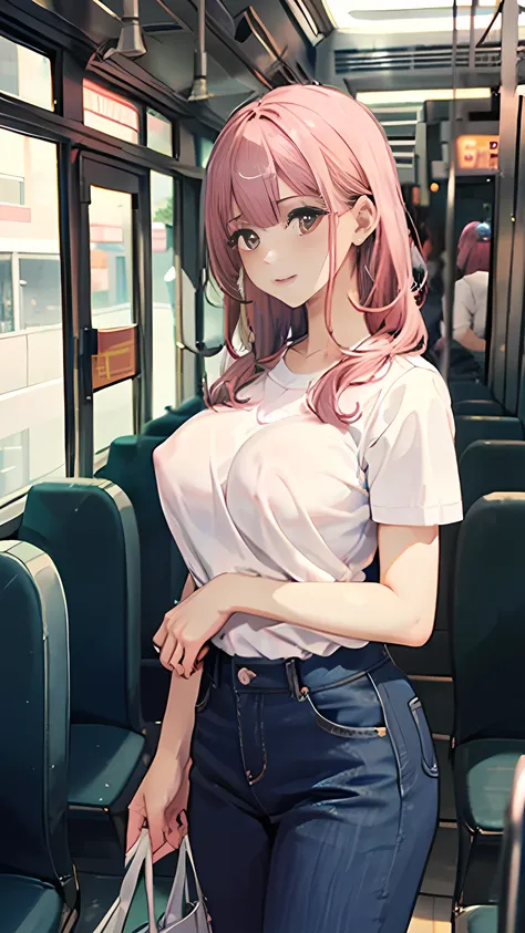 (masterpiece:1.2, Top quality),, Nice illustration, (Natural side Light, Light), 
Looking at the audience, 1 girl,Protruding nipples， Pink hair，White shirt clothes，jeans，Large Breasts，Nipple protrusion 2:1，Stand on the bus，Protruding breast nipples