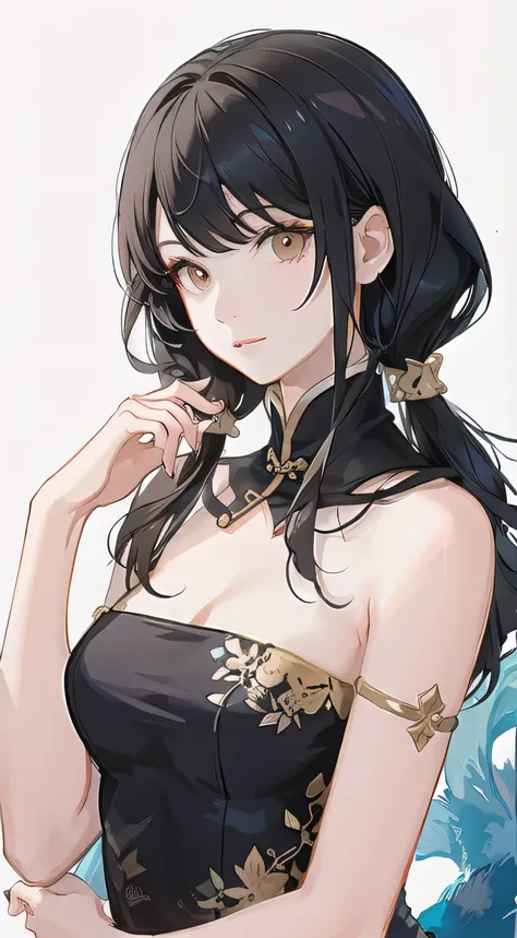 girl,whole body,(detailed face:1.2), Masterpiece, fashion,chinese dress,, medium hair, black fur, two tails, blunt bangs, Brown eyes,