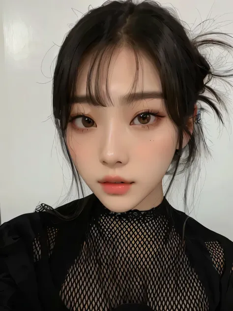 a closeup of a woman wearing a black top and a black shirt, pale korean adorable face, ulzzang, young and adorable korean face, jinyoung shin, with round face, lalisa manobal, heonhwa choe, she has black hair with bangs, with a cute face - fine, Beautiful ...