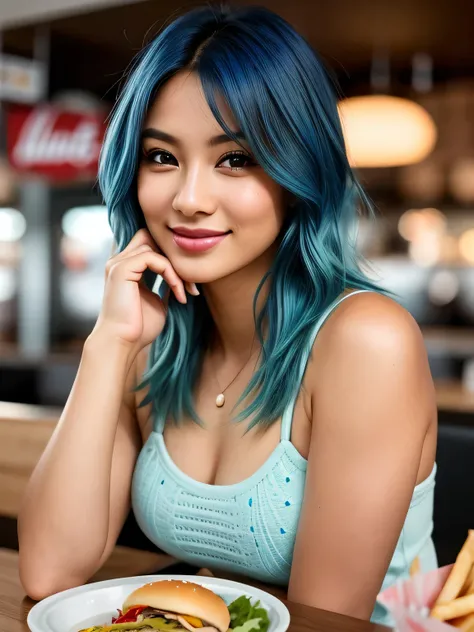 (blue hair:1.4), short hair, realistic green eyes, cobalt hair,  long bob hair, tousled hair, shoulder length hair, Full body, woman with white skin and Asian features, 24 year old, big breast. She has a small, elegant nose with a slight upward curve at th...