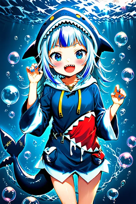 1girl, solo, blush, smile, open mouth, bangs, blue eyes, long sleeves, blue hair, tail, :d, grey hair, multicolored hair, teeth,...