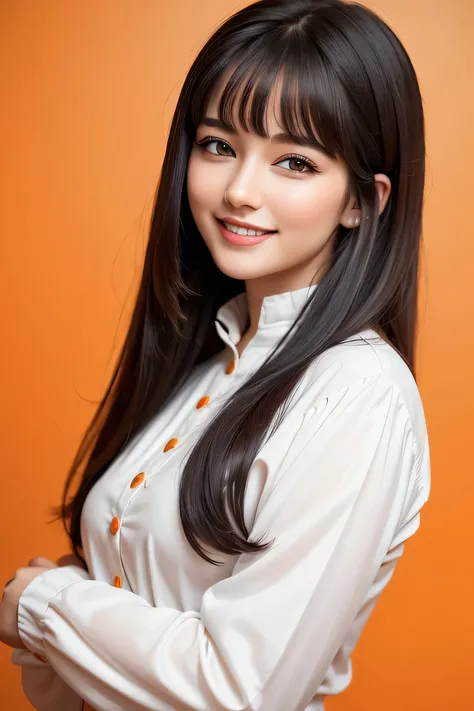 Young and realistic woman.dark hair white clothes long and stylish sleeves. Sweet and smiling look plain background in orange color