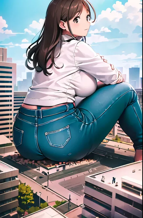 giantess, ((A giant lady bigger than a continent), Woman stooping, mamiya_kantaicollection, huge breast, Mature Woman, big ass, denim, shirt, low angle, View from the womans feet, Great impact, Very small city, city, Woman sitting, Woman about to sit down,...