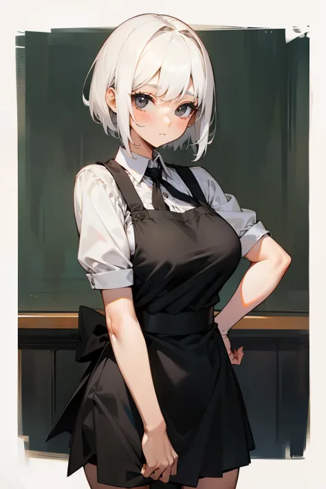 Cute girl, short white hair, black eyes, waitress, black shirt, short black skirt, big breasts, apron